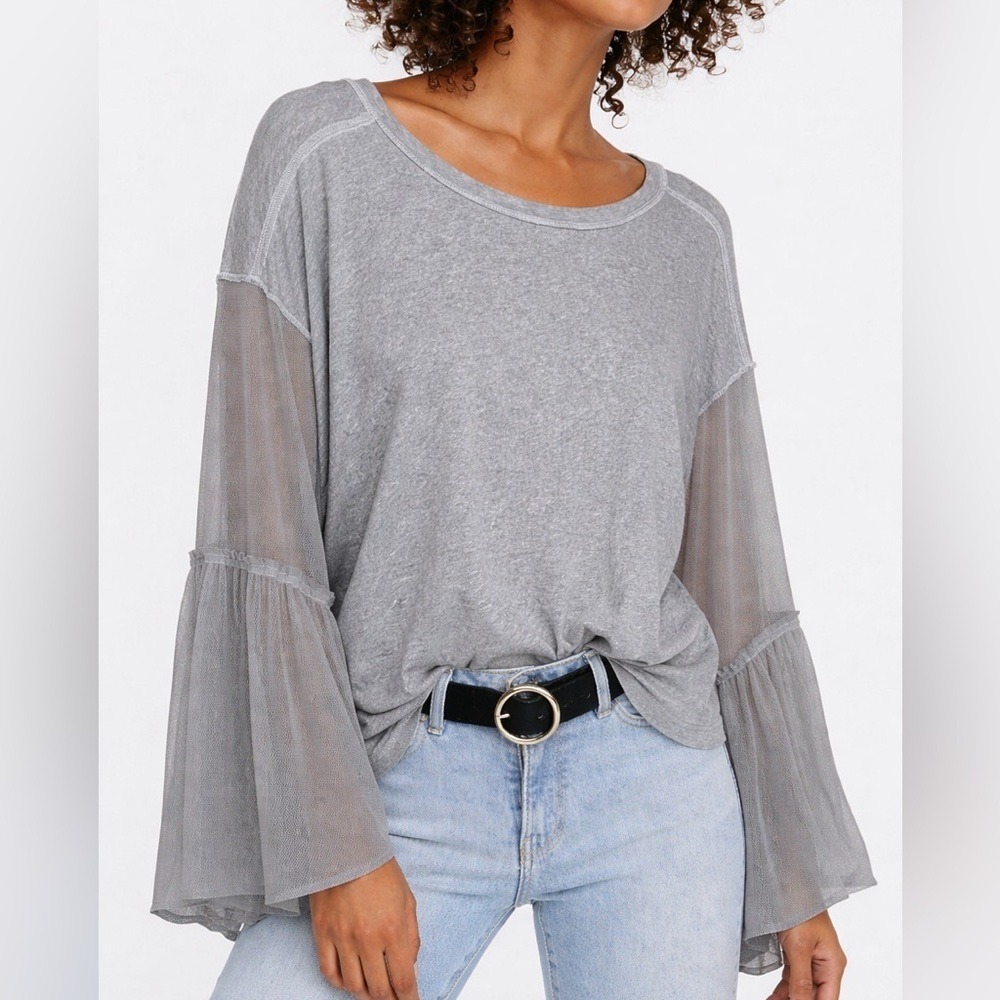 Free People Still Got It Mesh Long Sleeve Top Gray Boho Sheer Ruffle Blouse Sm